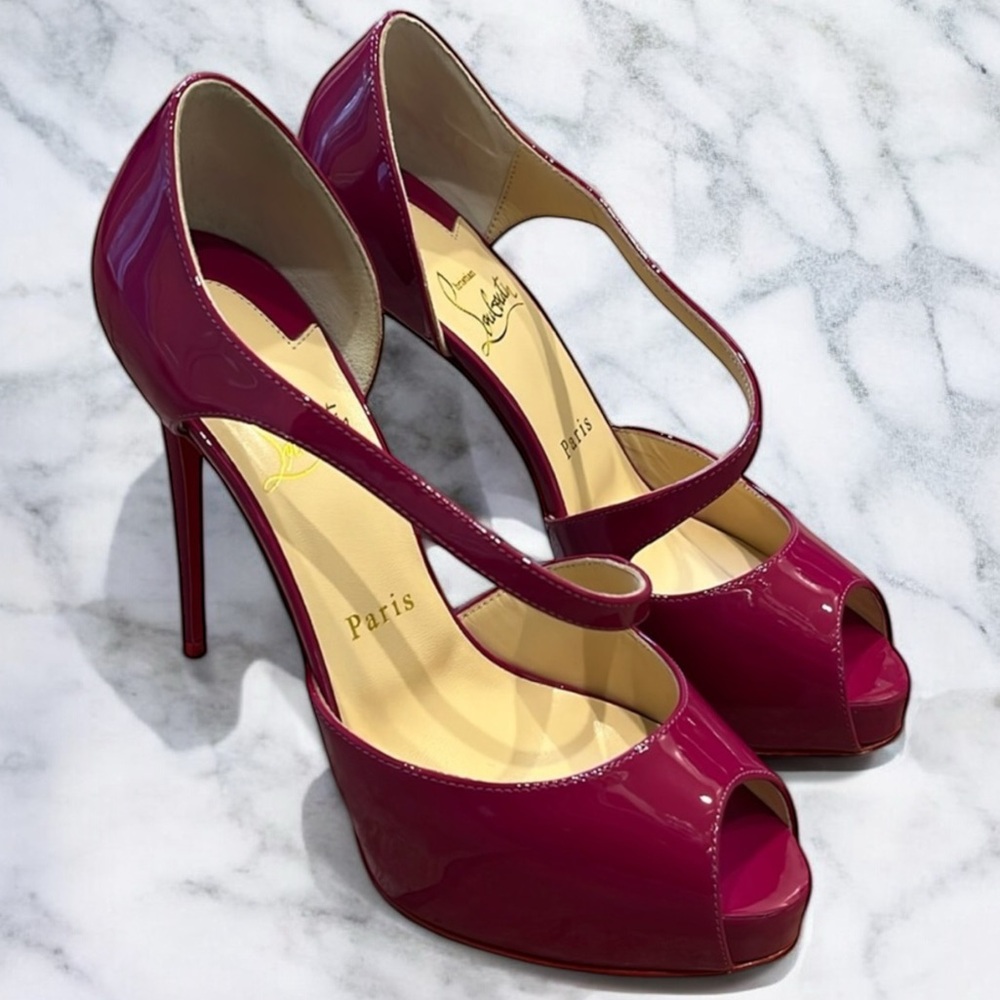 Christian Louboutin Patent Leather Fuchsia Pink Platform Stiletto Heels 37 US 7